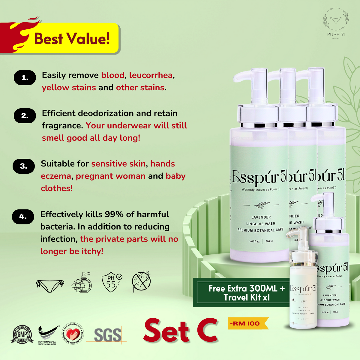 SET C - Lingerie Detergent x4 + FREE Travel Kit x1
